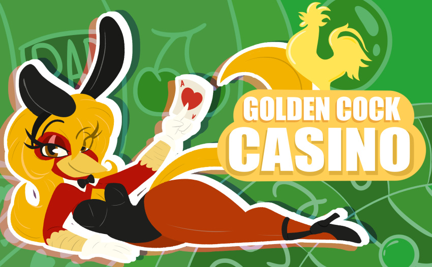 4foxsakes anthro avian beak bird breasts bunny_costume card casino chrysolophus clothing costume english_text feathers female galliform glori_gamebird golden_pheasant hair hi_res impact_(font) logo long_hair long_tail phasianid red_body red_feathers tail text yellow_beak yellow_body yellow_feathers