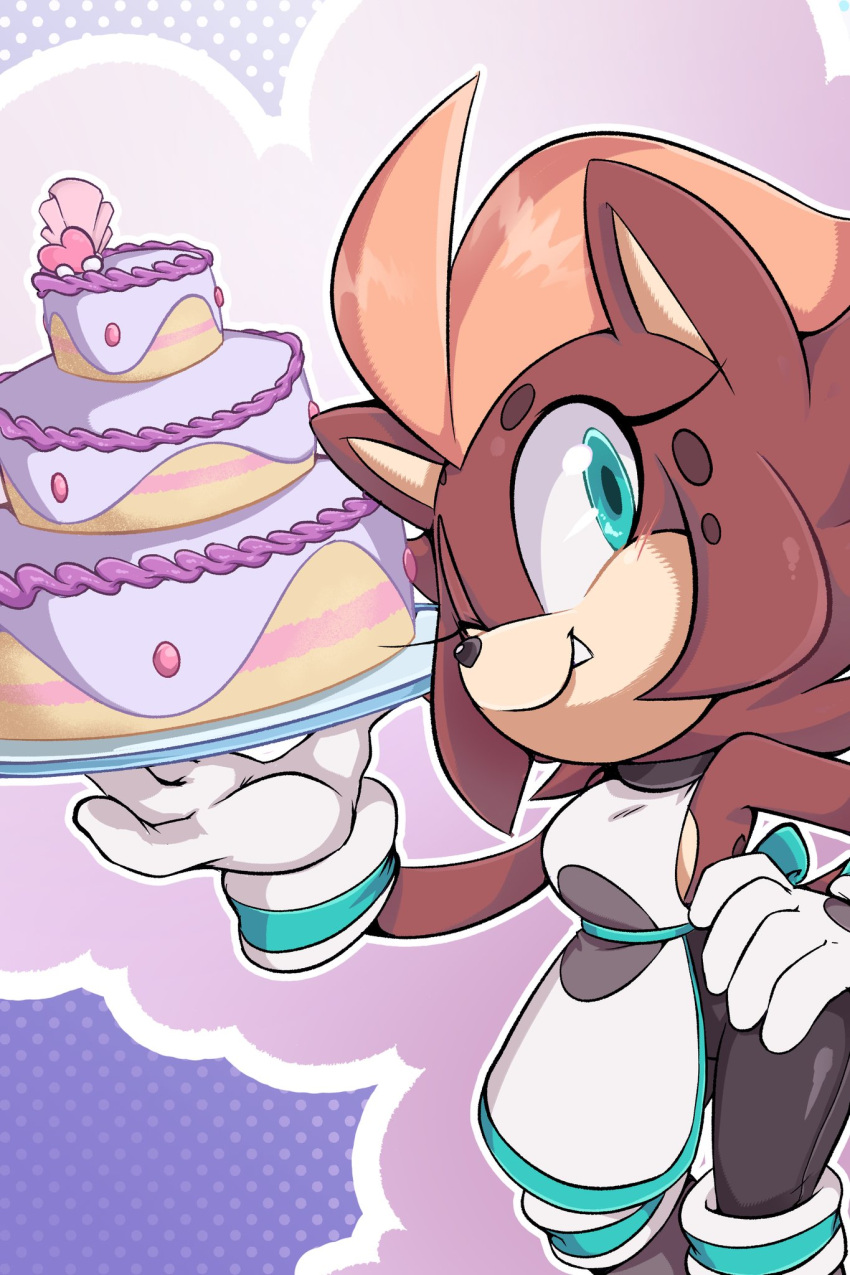 anthro black_nose blue_eyes brown_body brown_fur cake clothing dessert eyelashes female food footwear fur gloves hand_on_hip handwear hi_res hilda_the_hyena hildahyena hyena mammal one_eye_closed sega simple_background solo sonic_the_hedgehog_(series) tight_clothing