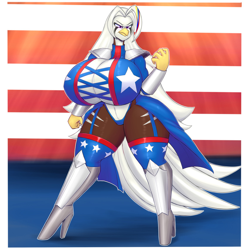 1:1 absurd_res accipitrid accipitriform american_flag angry anthro armor avian bald_eagle ballet ballet_boots big_breasts bird boiful boots bracers breasts chroma_(famwammer) cleavage cleavage_cutout clothed clothing coat cutout dancewear eagle female fist footwear greaves hair hero_pose hi_res high_heeled_boots high_heels highleg huge_breasts legwear patriotic_clothing pauldron purple_eyes sea_eagle solo thigh_boots thigh_highs thong topwear trenchcoat tricolor underwear united_states_of_america white_hair