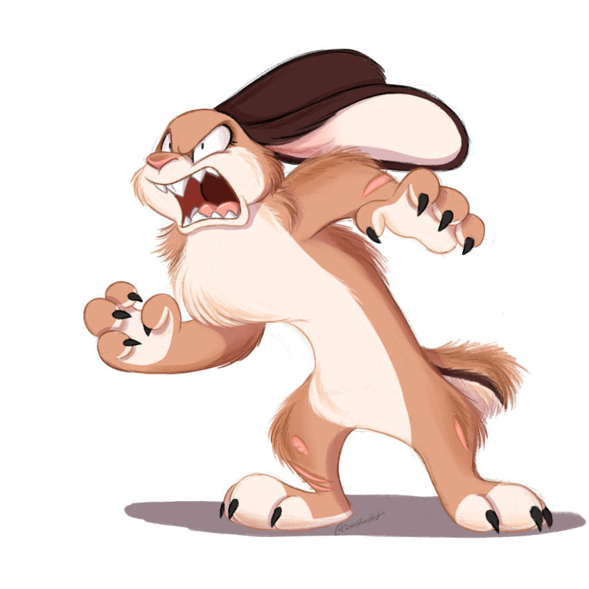 1:1 anthro brown_body brown_fur cider_(ciderbunart) ciderbunart claws ears_back fangs feet female fur hi_res lagomorph mammal open_mouth pivoted_ears scut_tail shadow short_tail signature simple_background snarling solo standing tail tan_body tan_fur teeth toeless_(marking) tongue were werelagomorph wererabbit white_background white_body white_fur