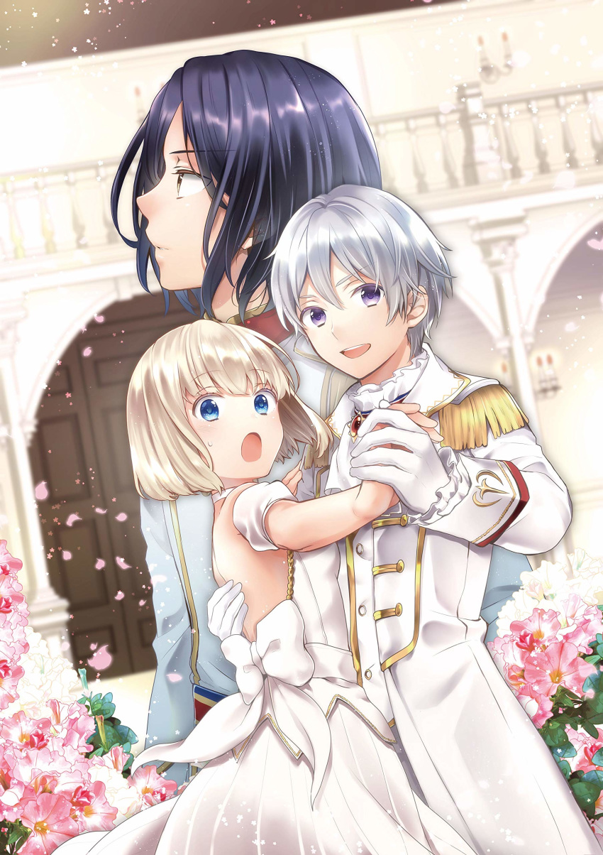 2boys :d abel_remno absurdres backless_dress backless_outfit bad_link black_hair blonde_hair blue_eyes bow dancing dress epaulettes female flower formal gem gloves highres holding_hands mia_luna_tearmoon morino_mizu multiple_boys official_art open_mouth outdoors petals purple_eyes short_hair sion_sol_sunkland smile sweatdrop tearmoon_teikoku_monogatari white_dress white_gloves white_hair yellow_eyes