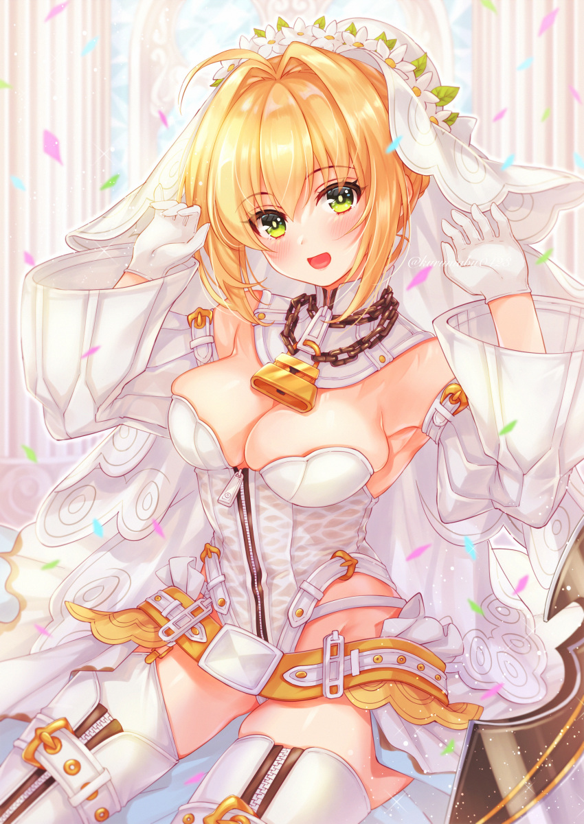 absurdres bare_shoulders belt blonde_hair blush breasts bridal_veil chains cleavage detached_collar detached_sleeves fate/extra fate/extra_ccc fate_(series) female gloves green_eyes hair_between_eyes hair_intakes highleg highleg_leotard highres large_breasts leotard lock long_hair looking_at_viewer nero_claudius_(bride)_(fate) nero_claudius_(bride)_(second_ascension)_(fate) nero_claudius_(fate) open_mouth padlock pika_mouse puffy_detached_sleeves puffy_sleeves smile solo thighhighs thighs veil white_gloves white_leotard white_sleeves white_thighhighs zipper_pull_tab