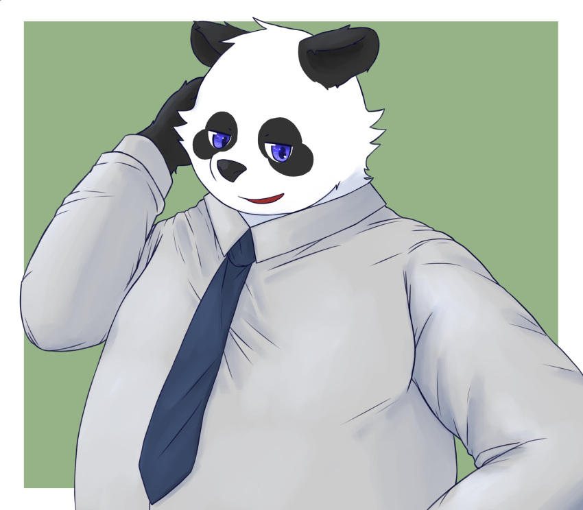 2022 anthro bari_mu bear black_body black_nose blue_eyes clothing giant_panda hi_res humanoid_hands kemono male mammal necktie overweight overweight_male shirt simple_background solo topwear white_body