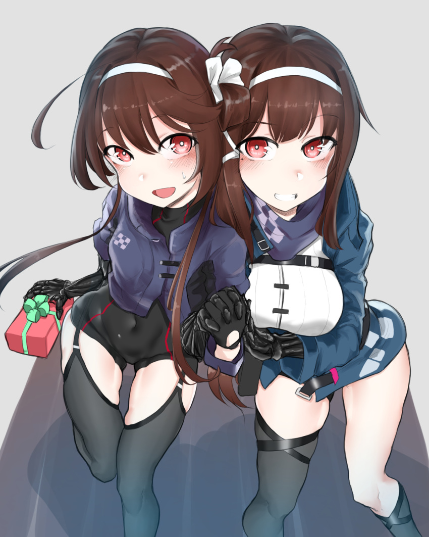 2girls android asymmetrical_legwear blush brown_hair commentary creator_connection gift girls'_frontline gloves grin highres holding_hands joints js_9_(girls'_frontline) k0ng mechanical_arms multiple_girls navel prosthesis prosthetic_arm purple_eyes robot_joints single_mechanical_arm skindentation smile sweatdrop thigh_strap thighhighs tight_clothes type_79_(girls'_frontline) uneven_legwear