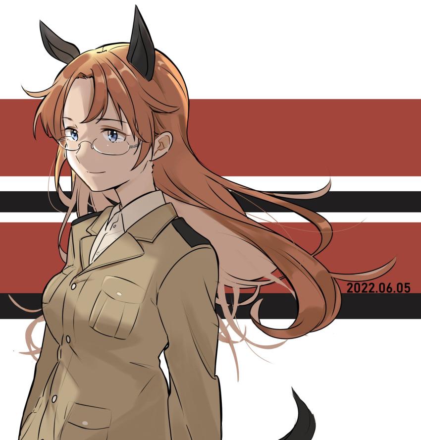 animal_ears blue_eyes breast_pocket brown_hair cowboy_shot dated edytha_neumann female flag_background from_side glasses highres horse_ears horse_girl horse_tail light_smile okeke_power_nishiko pocket shirt smile solo tail uniform white_background white_shirt witches_of_africa world_witches_series