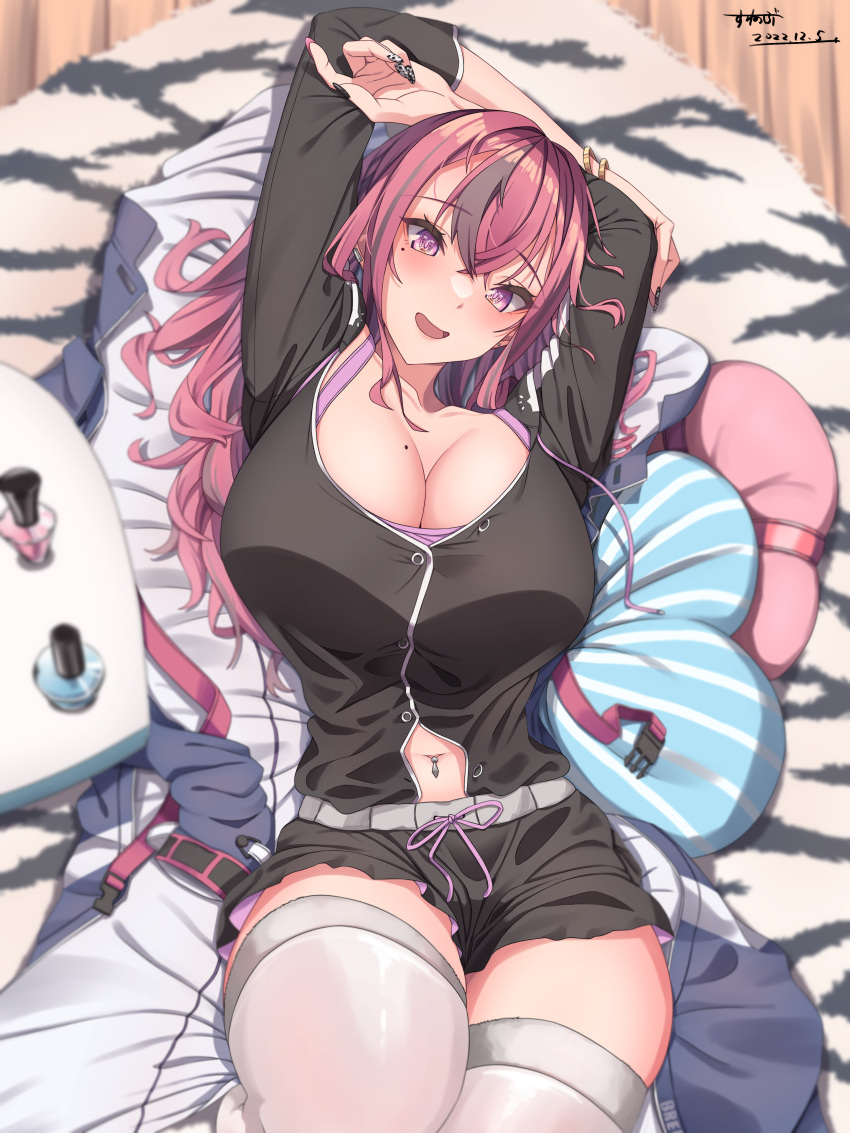 :d absurdres arms_up azur_lane bad_id bad_pixiv_id black_jacket black_shorts blush breasts bremerton_(azur_lane) bremerton_(relaxation_consultation)_(azur_lane) cleavage clothing_cutout collarbone commentary_request cowboy_shot dated female gold_bracelet grey_hair hair_between_eyes hair_down head_tilt highres jacket large_breasts long_hair long_sleeves looking_at_viewer lying mole mole_on_breast mole_under_eye multicolored_hair nail_art nail_polish_bottle navel navel_cutout navel_piercing official_alternate_costume official_alternate_hairstyle on_back open_mouth partial_commentary piercing pillow pink_eyes pink_hair purple_tank_top rug shadow short_shorts shorts sidelocks signature smile solo streaked_hair sunebu_(snake_boo2) table tank_top thighhighs thighs two-tone_hair unworn_jacket white_thighhighs