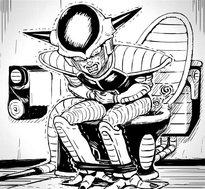 2018 3_toes 5_fingers bodily_fluids bottomwear bottomwear_down clenched_teeth clothed clothing constipation digital_media_(artwork) dragon_ball fart fart_cloud feces feet fingers frieza frieza_race hands_on_stomach horn male monochrome on_toilet pants pants_down partially_clothed sakkan scat solo sweat teeth toes toilet toilet_paper