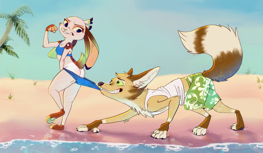 all_fours anthro ass barefoot beach blue_eyes brown_body brown_fur canid canine claws clothing cloud coppertone_(sunscreen) coppertone_girl coppertone_pose dipstick_ears duo ear_markings ears_down fangs feet female fox fur green_eyes hi_res inner_ear_fluff lagomorph leg_markings leporid male mammal markings multicolored_ears outside palm_tree parody pawpads pivoted_ears plant rabbit raised_tail ribbontail_(character) sand scut_tail seaside shirt short_tail sky socks_(marking) swimming_trunks swimwear tail tan_body tan_fur tank_top teeth toe_claws toeless_(marking) topwear tree tuft vulpesvant vulpesvant_(character) water white_body white_fur