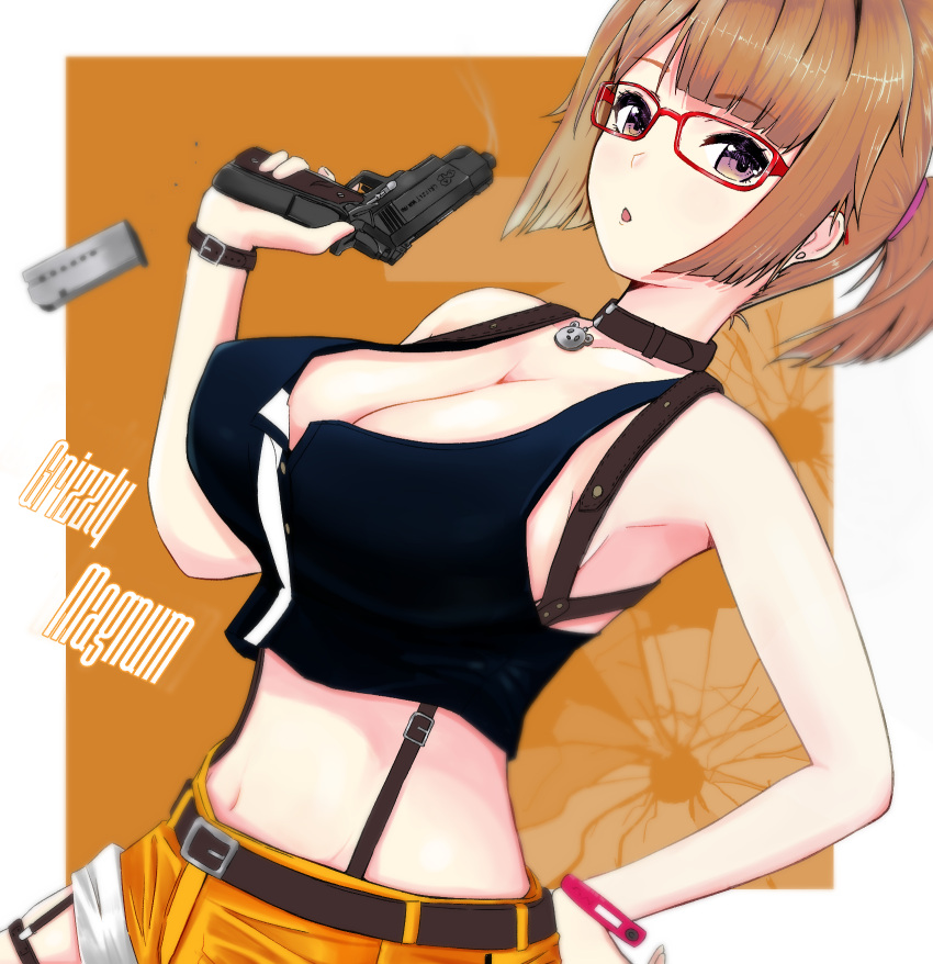 alternate_hairstyle bizen_kurage blush breasts brown_hair cleavage commentary_request english_text female girls'_frontline glasses grizzly_mkv_(girls'_frontline) grizzly_mkv_(weekend_cop)_(girls'_frontline) grizzly_win_mag gun highres huge_breasts looking_at_viewer official_alternate_costume open_mouth ponytail purple_eyes short_hair shorts solo weapon