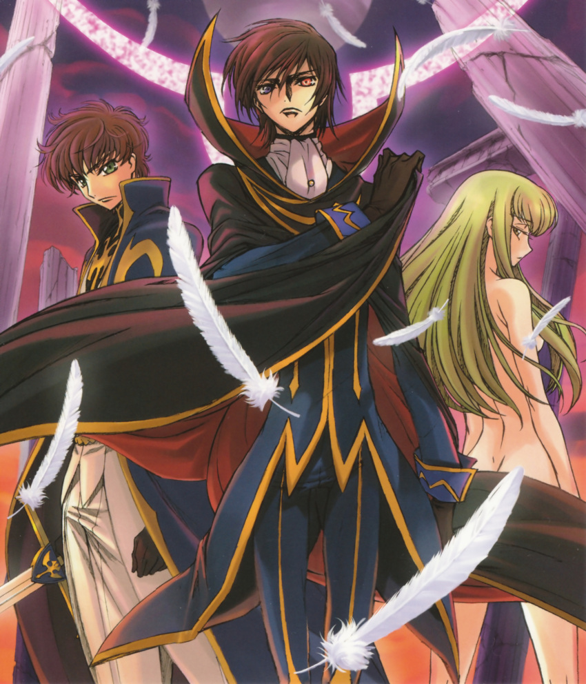 2boys absurdres black_hair brown_hair c.c. cape clothed_male_nude_female code_geass expressionless feathers female green_eyes green_hair highres kimura_takahiro kururugi_suzaku lelouch_lamperouge long_hair looking_at_viewer looking_back male multiple_boys nude official_art ookouchi_ricca profile ricca serious short_hair standing uniform zero_(code_geass)