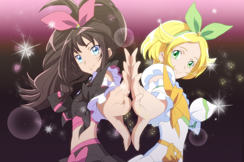 2girls bad_id bad_pixiv_id bianca_(pokemon) blonde_hair blue_eyes brown_hair cosplay cure_melody cure_melody_(cosplay) cure_rhythm cure_rhythm_(cosplay) eyelashes green_eyes hilda_(pokemon) magical_girl midriff multiple_girls pokemon pokemon_bw ponytail precure purple_background ribbon suite_precure unofficial_precure_costume yamo_(ly)