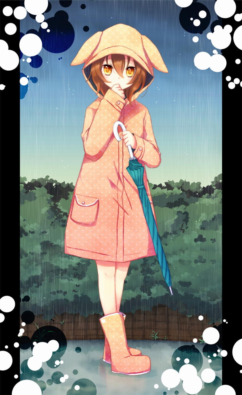 1boy akane_(goma) bad_id bad_pixiv_id boots brown_eyes brown_hair closed_umbrella goma_(11zihisin) hat hat_with_ears highres male_focus orange_footwear original otoko_no_ko photoshop_(medium) pillarboxed polka_dot rain raincoat rubber_boots solo umbrella yellow_raincoat