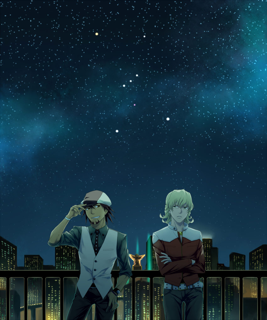 absurdres bad_id bad_pixiv_id banned_artist barnaby_brooks_jr belt blonde_hair bracelet brown_eyes brown_hair cabbie_hat city facial_hair glasses green_eyes hat highres jacket jewelry kaburagi_t_kotetsu male_focus multiple_boys night night_sky red_jacket ring short_hair sky star stubble studded_belt tiger_&_bunny u_(mypace) vest watch wedding_band wristwatch