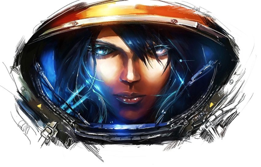 armor astronaut bad_id bad_pixiv_id black_hair blue_eyes female helmet lips marine_(starcraft) portrait power_suit realistic science_fiction solo spacesuit starcraft starcraft_ii stu_dts