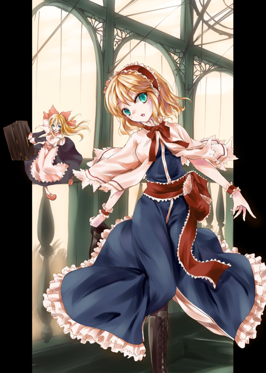 alice_margatroid awa_yume blonde_hair blue_eyes blush boots bow box capelet commentary_request cross-laced_footwear doll dress female green_eyes hairband hairbow highres lace-up_boots long_hair photoshop_(medium) shanghai_doll short_hair solo touhou