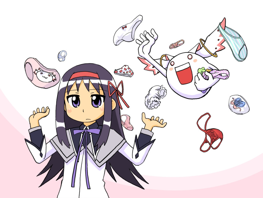 akemi_homura akemi_homura_(magical_girl) bloomers commentary_request cosplay female female_pervert hair_ribbon headband kawasha kyubey_(cosplay) kyuubee long_hair mahou_shoujo_madoka_magica mahou_shoujo_madoka_magica_(anime) ninin_ga_shinobuden oktavia_von_seckendorff onsokumaru panties parody pervert ribbon scene_reference standing style_parody underwear