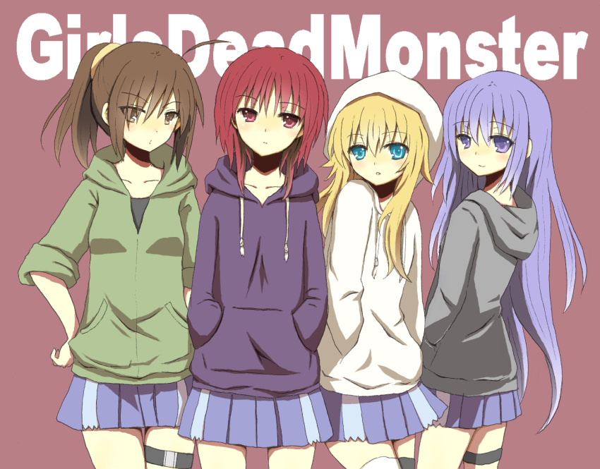 4girls angel_beats! blonde_hair blue_eyes brown_eyes brown_hair commentary_request girls_dead_monster highres hisako_(angel_beats!) hood hoodie irie_miyuki iwasawa_masami long_hair multiple_girls nakamura_hinato ponytail purple_eyes purple_hair red_eyes red_hair sekine_shiori short_hair skirt sleeves_rolled_up