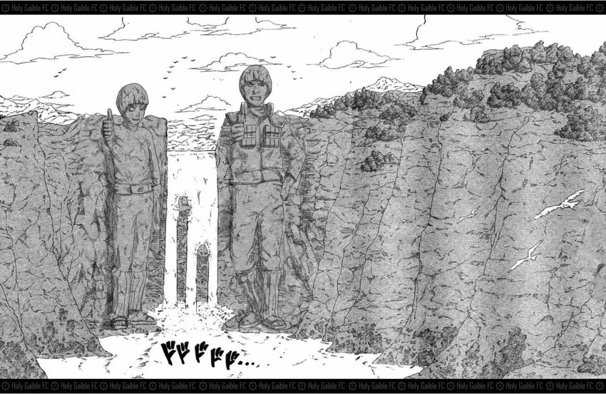 2boys bird cloud commentary_request forest greyscale jacket might_guy monochrome monument multiple_boys naruto naruto_(series) nature no_humans one_eye_closed rock rock_lee sashun08 scenery short_hair sky smile thumbs_up water waterfall wood