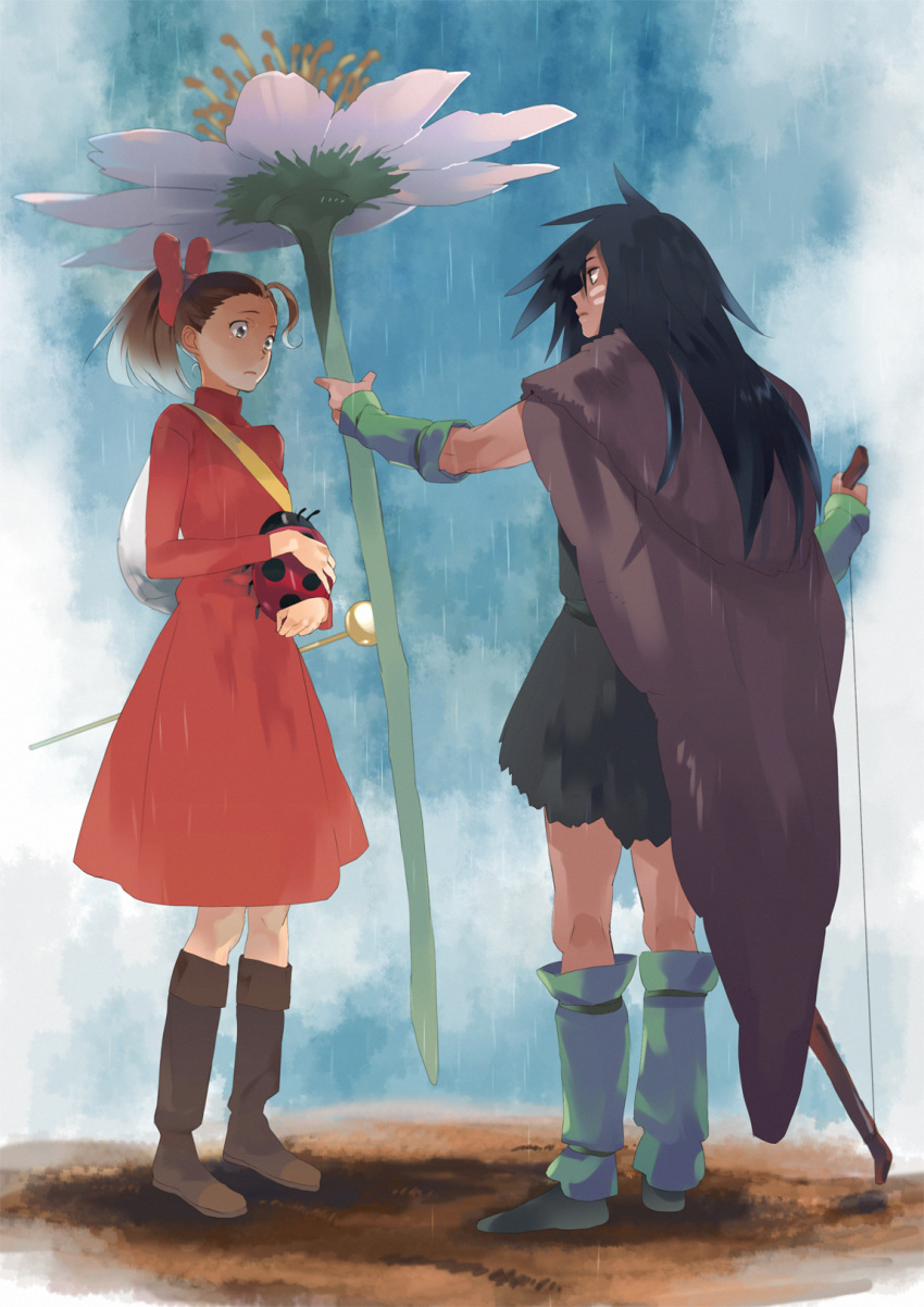 1boy akkc arm_warmers arrietty bad_id bad_pixiv_id bag black_hair bug cape clothes_pin dark_skin facial_mark female flower fur giving highres karigurashi_no_arrietty ladybug long_hair mini_person miniboy minigirl ponytail rain spiller surprised