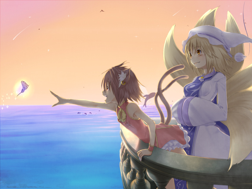 2girls animal_ears bare_shoulders blonde_hair blush breasts brown_eyes brown_hair bug butterfly cat_ears cat_tail chen commentary_request dolphin earrings fox_tail hands_in_opposite_sleeves happy jewelry medium_breasts mossari_poteto multiple_girls no_headwear ocean oerba_yun_fang open_mouth reaching short_hair sky smile sunset tail touhou water whale yakumo_ran