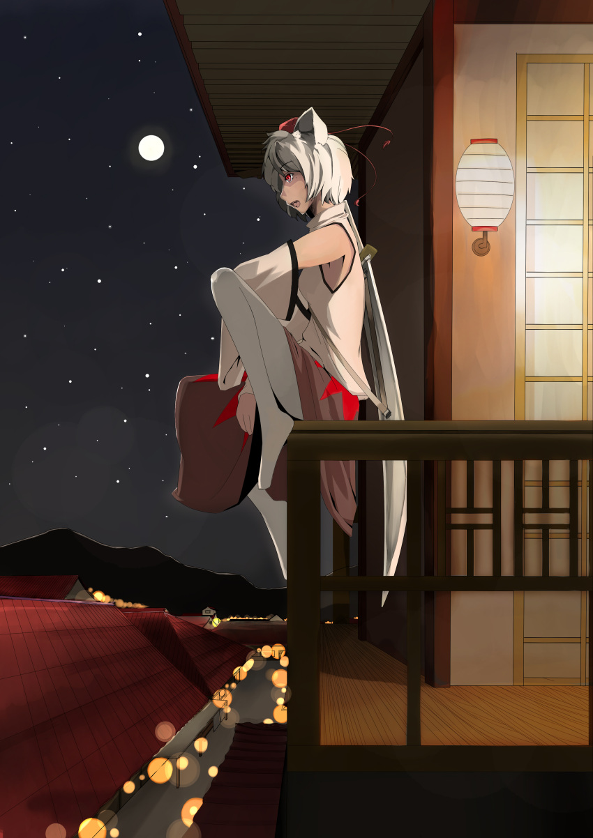 absurdres animal_ears bad_id bad_pixiv_id balcony detached_sleeves female fujinon_(fish_bone) hat highres inubashiri_momiji moon night pantyhose red_eyes sitting solo sword tokin_hat touhou town weapon white_hair white_pantyhose wolf_ears