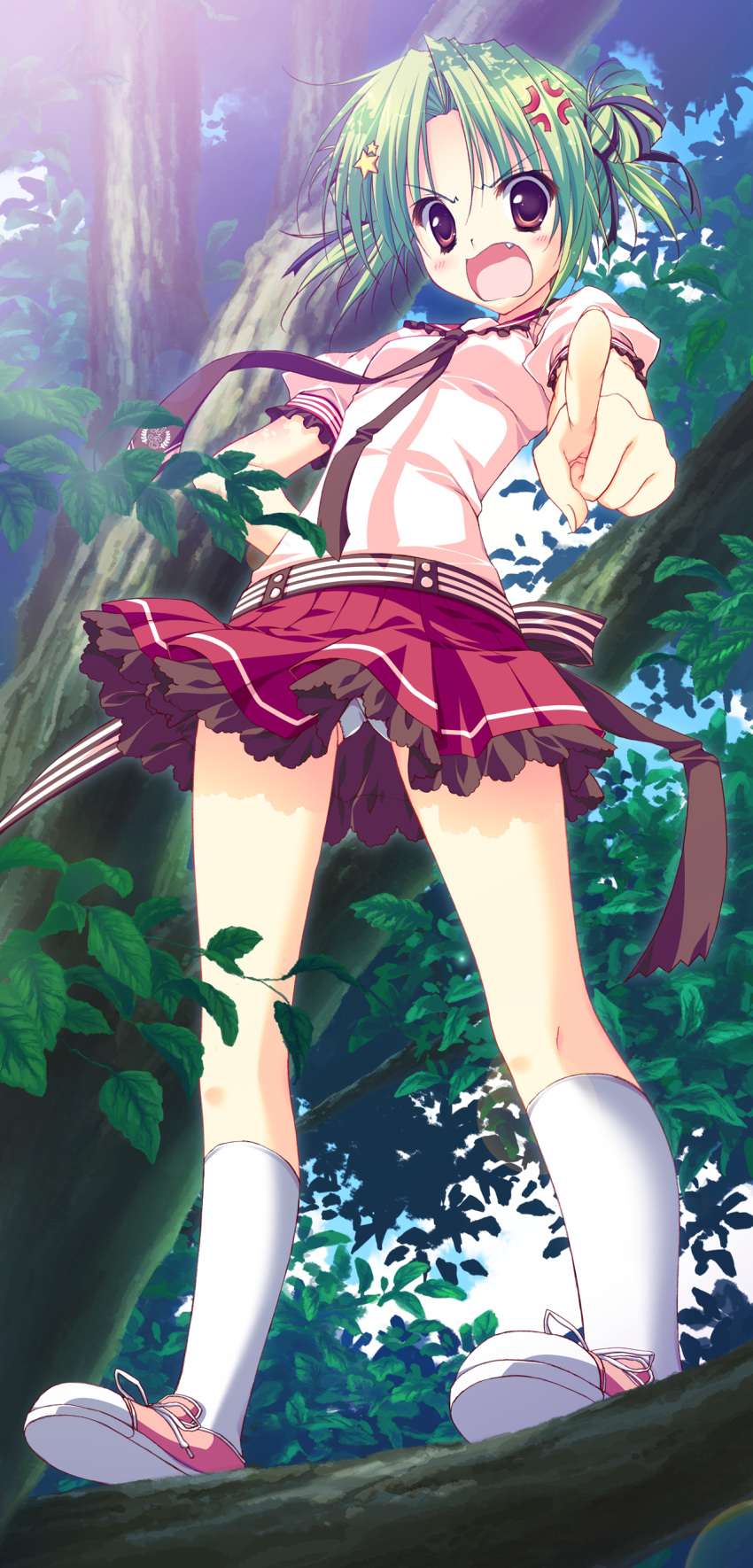 absurdres anger_vein angry brown_eyes double_bun female game_cg green_hair hair_bun hair_ornament highres hoshizora_e_kakaru_hashi in_tree oerba_yun_fang open_mouth panties pantyshot pointing pointing_at_viewer ryouka_(suzuya) school_uniform solo standing star_(symbol) star_hair_ornament sunlight toudou_koyori tree underwear white_panties