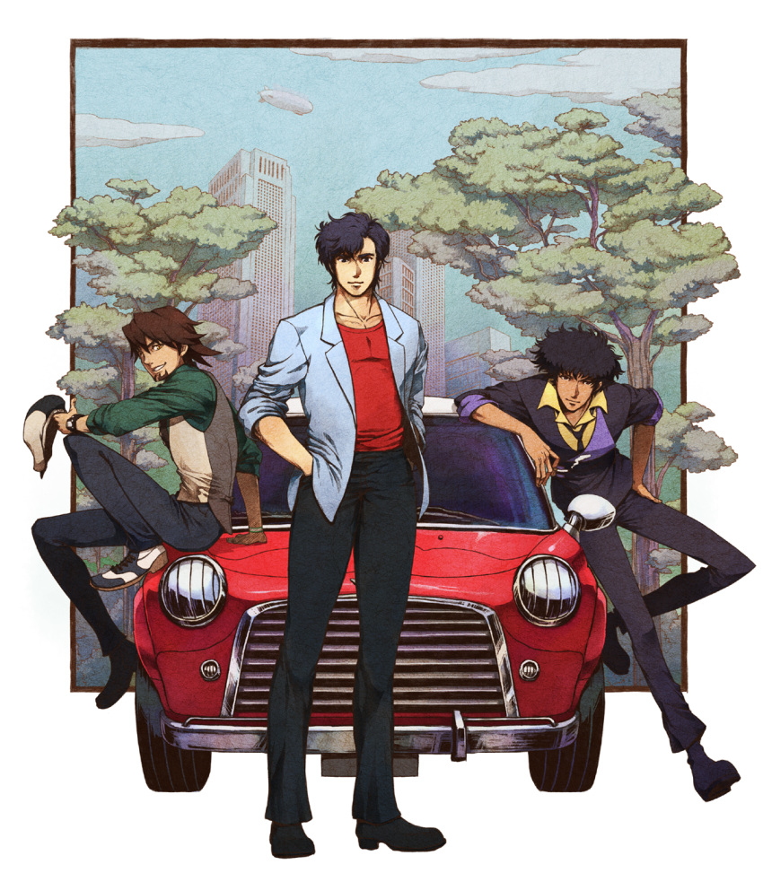 3boys afro black_hair bracelet brown_eyes brown_hair cabbie_hat car city_hunter collarbone commentary_request cowboy_bebop crossover facial_hair formal goatee hat highres jacket jewelry kaburagi_t._kotetsu male_focus manly mini_cooper motor_vehicle multiple_boys necktie nira_(niratoro) photoshop_(medium) saeba_ryou spike_spiegel suit tiger_&_bunny vest watch wristwatch