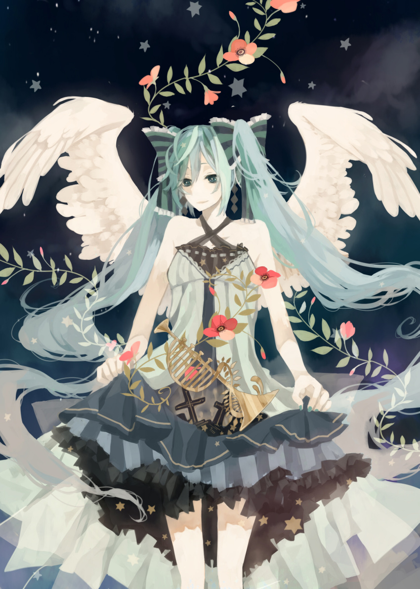 anbivarens angel_wings aqua_eyes aqua_hair bare_shoulders bow closed_mouth commentary_request feathered_wings female flower hairbow hatsune_miku highres judgement_(tarot) long_hair smile solo standing star_(symbol) tarot tarot_(medium) twintails very_long_hair vocaloid white_wings wings