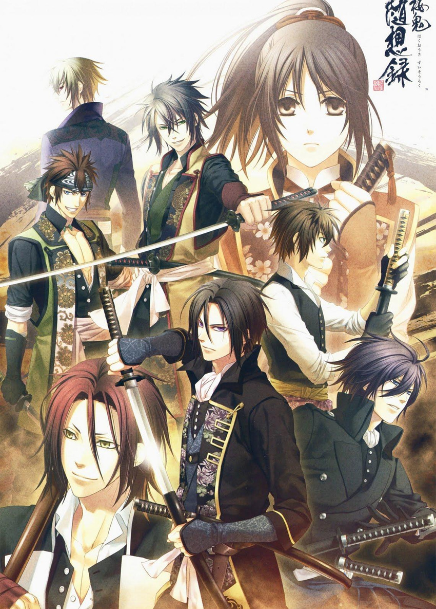 6+boys armor artist_request black_hair brown_eyes brown_hair chikage_kazama female fighting_stance green_eyes hakuouki_shinsengumi_kitan harada_sanosuke_(hakuouki) highres hijikata_toshizou_(hakuouki) holding holding_sword holding_weapon japanese_armor kote kurokote left-handed long_hair male_focus multiple_boys nagakura_shinpachi okita_souji_(hakuouki) ponytail ready_to_draw saitou_hajime_(hakuouki) sheath smile sword toudou_heisuke_(hakuouki) unsheathed unsheathing weapon yukimura_chizuru