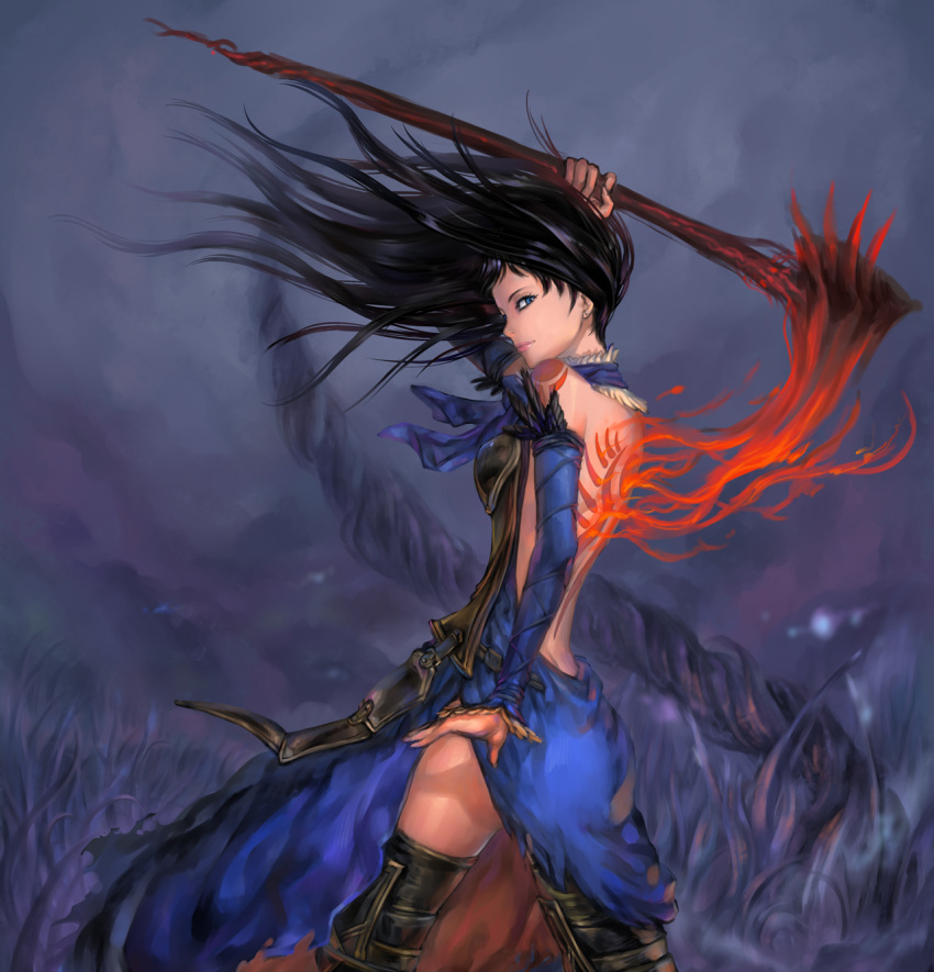 armor back backless_dress backless_outfit bad_id bad_pixiv_id bare_back bare_shoulders black_hair blue_eyes boots bridal_gauntlets castlevania:_order_of_ecclesia castlevania_(series) detached_sleeves dress female goenitzchild goth_fashion highres human_scabbard legs lips long_hair looking_back materializing photoshop_(medium) scythe shanoa side_slit solo tattoo thigh_boots thighhighs weapon wind