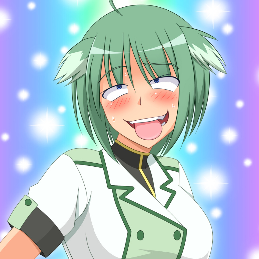 ahe_gao ahegaokin animal_ears bad_id bad_pixiv_id blue_eyes blush dog_days eclair_martinozzi female genzaburoh green_hair heaven_condition highres photoshop_(medium) short_hair solo sweat tongue