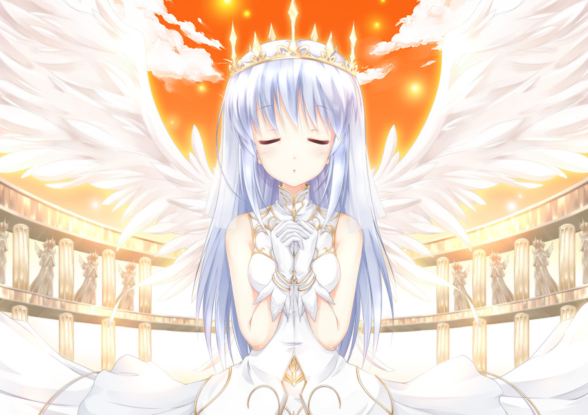 aiyoku_no_eustia angel_wings bare_shoulders blush cloud commentary_request crown dress feathered_wings female fujimoto_akio gloves highres own_hands_clasped own_hands_together photoshop_(medium) saint_irene sky sleeveless sleeveless_dress solo white_hair wings