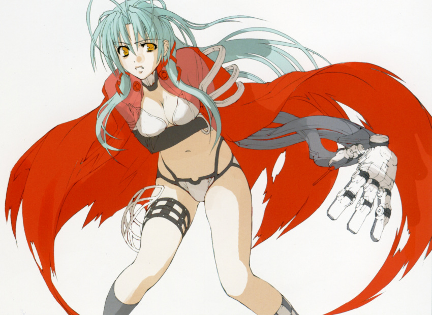 absurdres antenna_hair aqua_hair bikini bracelet breasts cape choker cleavage elbow_gloves female gloves hanawa_momiji highres jewelry jingai_makyou large_breasts leaning_forward long_hair mechanical_arms navel nishii_(damnedrive) non-web_source single_mechanical_arm solo swimsuit thigh_strap torn_clothes white_bikini yellow_eyes