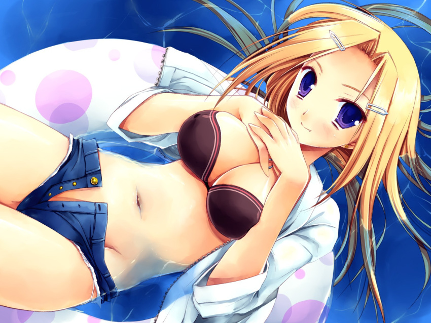 bikini bikini_top_only blonde_hair blue_eyes blue_shorts breasts cleavage denim denim_shorts female highres horiuchi_sana innertube large_breasts looking_at_viewer miyasu_risa oerba_yun_fang open_fly photoshop_(medium) pia_carrot_(series) pia_carrot_e_youkoso!!_g.o. short_shorts shorts solo swim_ring swimsuit unzipped