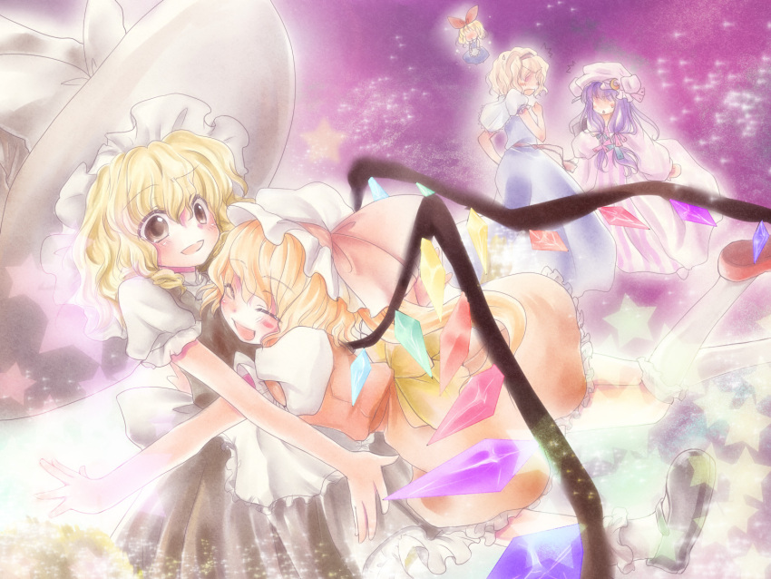 4girls alice_margatroid blonde_hair commentary_request flandre_scarlet hat highres hourai_doll hug jealous kirisame_marisa komomo_riri long_hair multiple_girls patchouli_knowledge star_(symbol) touhou wings witch witch_hat