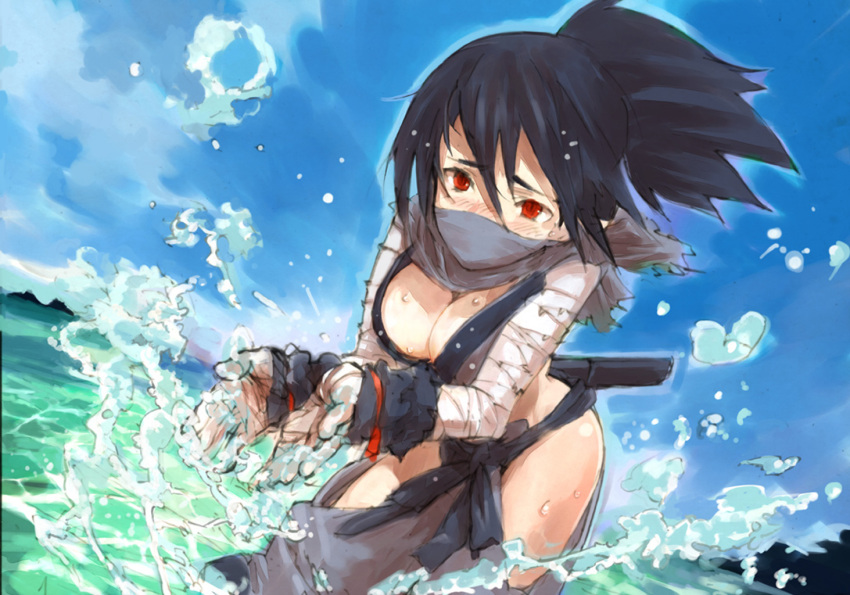 bandages black_hair blush breasts cleavage day disgaea female japanese_clothes kunoichi_(disgaea) large_breasts legs makai_senki_disgaea_2 mask ninja ocean official_art outdoors parody photoshop_(medium) pointy_ears ponytail red_eyes short_sword sky solo splashing sword tantou tears toi8 water weapon