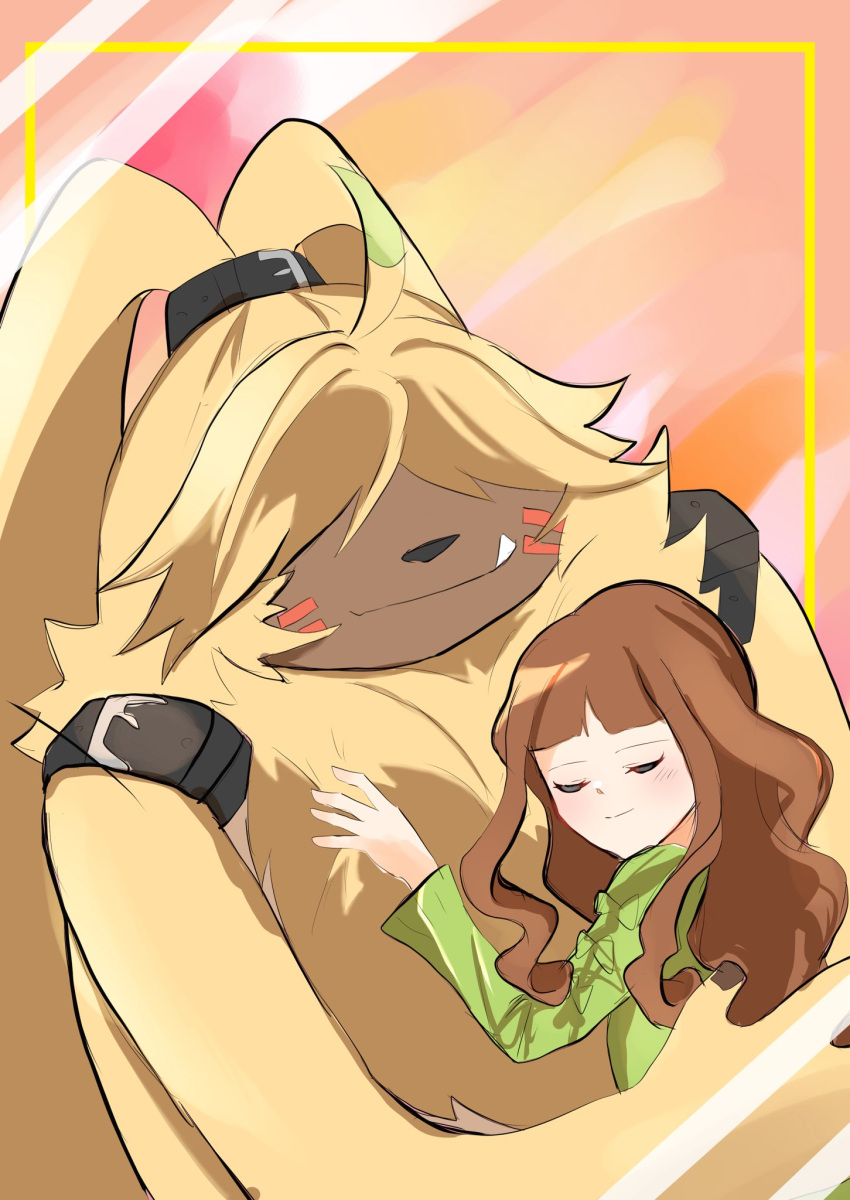 angoramon angoramon_(ghost_game) anthro bandai_namco belt brown_hair digimon digimon_(species) digimon_ghost_game duo female fur hair hair_over_eyes hi_res hug human long_ears long_hair male mammal ponytail_ears ruri_tsukiyono yellow_body yellow_fur zunaha