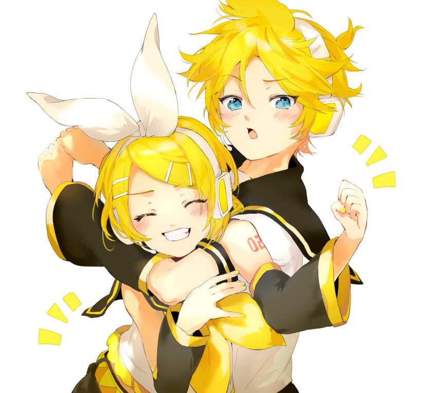 1boy ^^^ arm_around_neck arm_warmers bare_shoulders belt black_sailor_collar blonde_hair blue_eyes bow clenched_hand closed_eyes commentary female grin hair_ornament hairbow hairclip headphones highres kagamine_len kagamine_rin leaning_forward nail_polish neckerchief open_mouth oyamada_gamata raised_eyebrow sailor_collar school_uniform shirt short_hair short_ponytail short_sleeves shoulder_tattoo sleeveless sleeveless_shirt smile spiked_hair swept_bangs tattoo upper_body vocaloid white_background white_bow white_shirt yellow_nails yellow_neckerchief