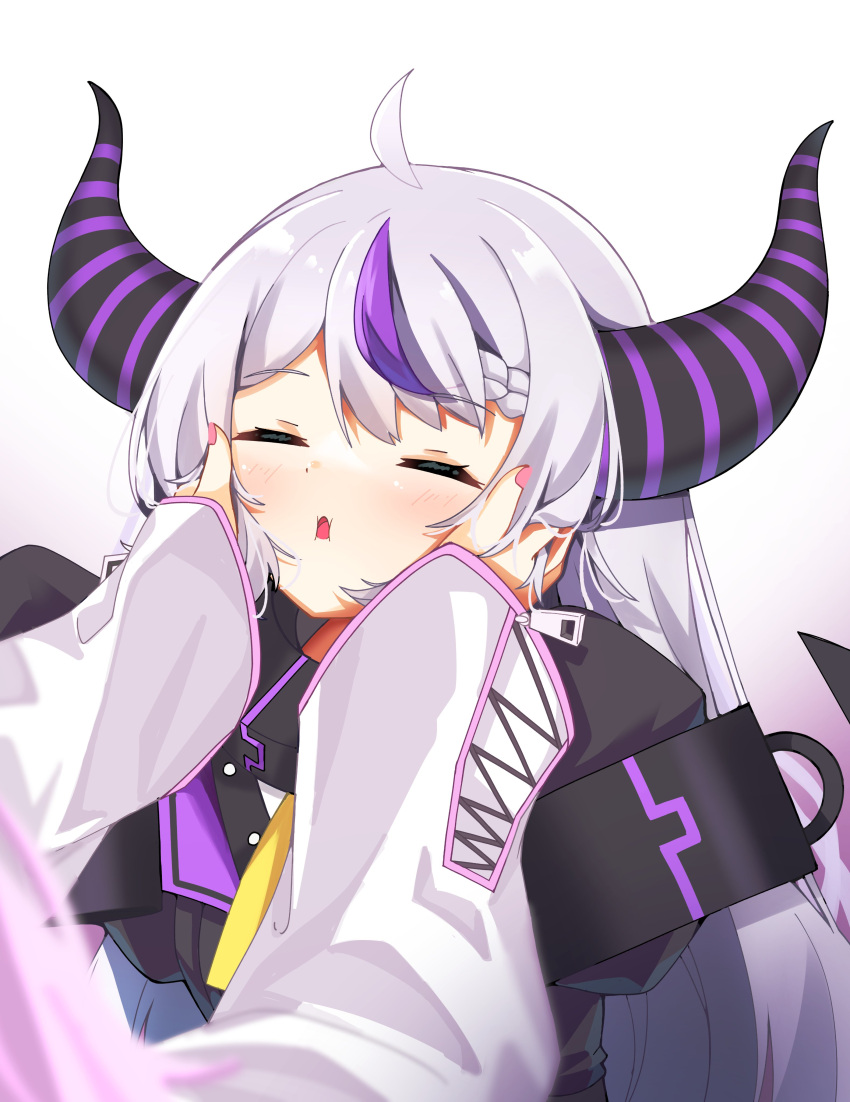 100ton250 2girls absurdres ahoge black_coat blush braid closed_eyes coat collar cuffs demon_girl demon_horns gradient_background grey_hair hakui_koyori hakui_koyori_(1st_costume) hands_on_another's_cheeks hands_on_another's_face highres hololive horns la+_darknesss la+_darknesss_(1st_costume) long_hair metal_collar multicolored_hair multiple_girls necktie open_mouth pink_hair pink_nails pout purple_hair sleeve_cuffs sleeves_past_fingers sleeves_past_wrists streaked_hair striped_horns two-tone_hair very_long_hair virtual_youtuber white_background white_coat yellow_necktie zipper_pull_tab