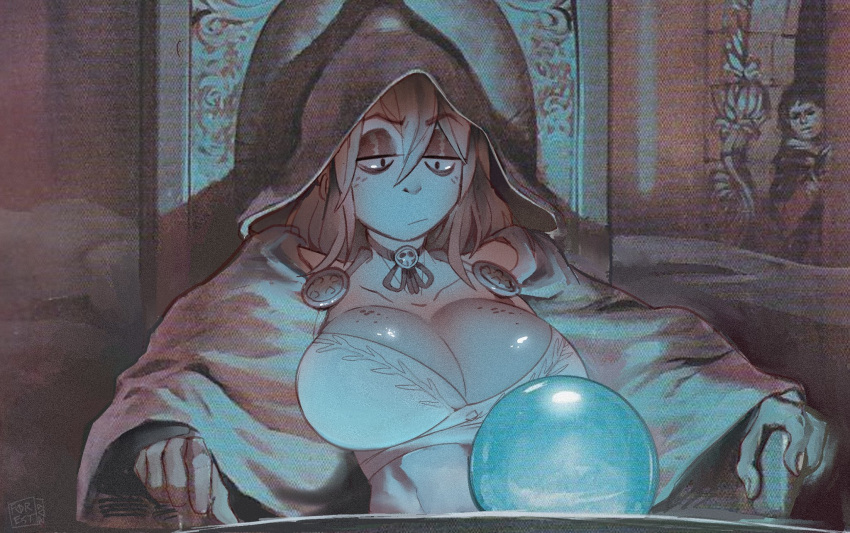 1boy :/ breasts choker cleavage closed_mouth commentary crystal_ball dress english_commentary female forest_box freckles genderswap_(mtf) highres hood hood_up jitome large_breasts limited_palette long_sleeves meme neck_ribbon orb palantir peeping pondering_my_orb_(meme) ribbon rule_63 sanpaku saruman signature sitting solo_focus throne tolkien's_legendarium wide_sleeves