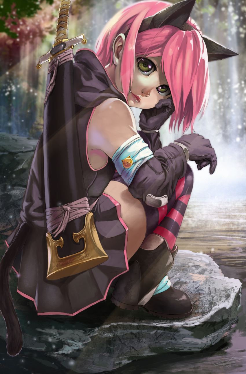 animal_ears black_dress black_gloves black_thighhighs boots dress elbow_gloves fake_animal_ears female gloves green_eyes hand_on_own_face highres looking_at_viewer original pink_hair pink_thighhighs robert_knight short_dress short_hair sitting solo squatting striped_clothes striped_thighhighs sword sword_behind_back tail thighhighs weapon