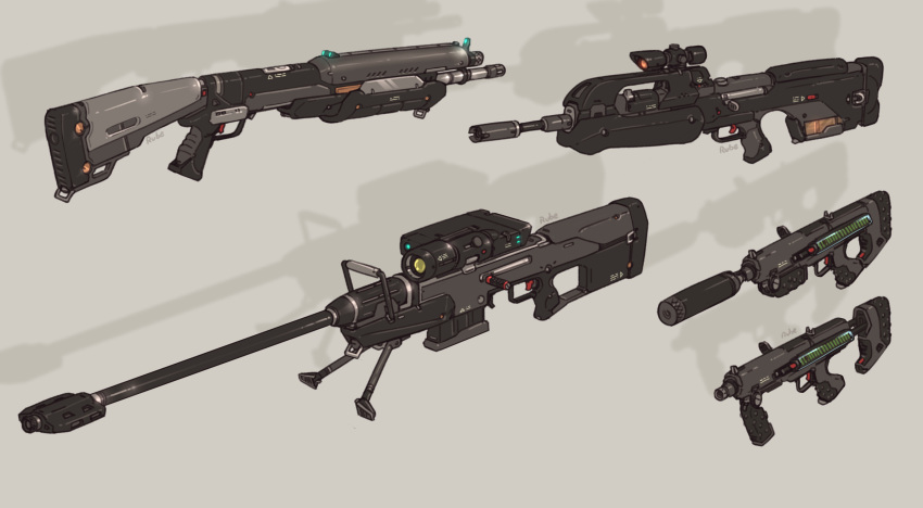 anti-materiel_rifle battle_rifle bipod br55 bullpup combat_shotgun commentary english_commentary foregrip grey_background grey_theme gun halo_(series) handle highres m7 m90 muzzle_device no_humans perspective pump_action rifle ruben_menzel science_fiction scope shadow sniper_rifle srs99 still_life submachine_gun suppressor vertical_foregrip weapon weapon_focus