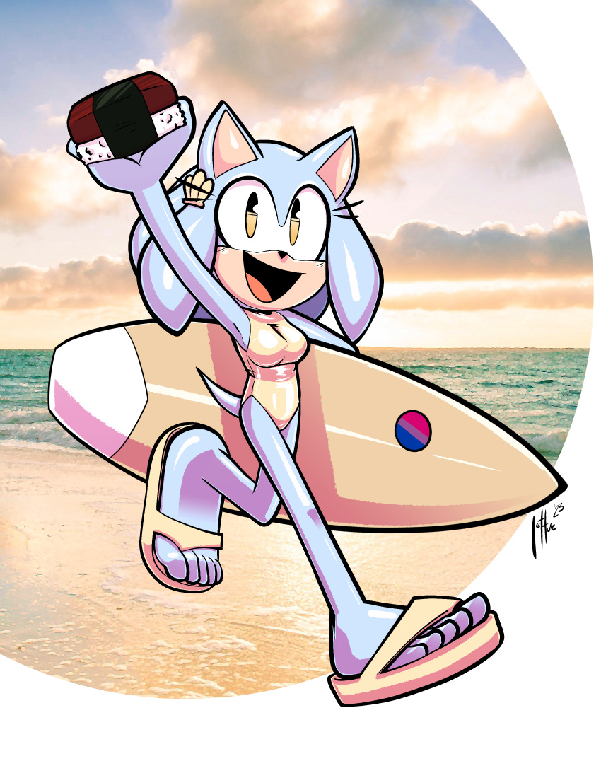 2023 5_toes absurd_res beach bisexual_pride_colors clothing eulipotyphlan fan_character feet female food footwear hedgehog hi_res honeydew_(lettuce) humanoid_feet lettuce_(artist) lgbt_pride mammal meat narrow_hips one-piece_swimsuit plantigrade pride_color_sticker pride_colors sandals seaside sega sonic_the_hedgehog_(series) sticker surfboard sushi swimwear thin_calves thin_legs thin_thighs toes