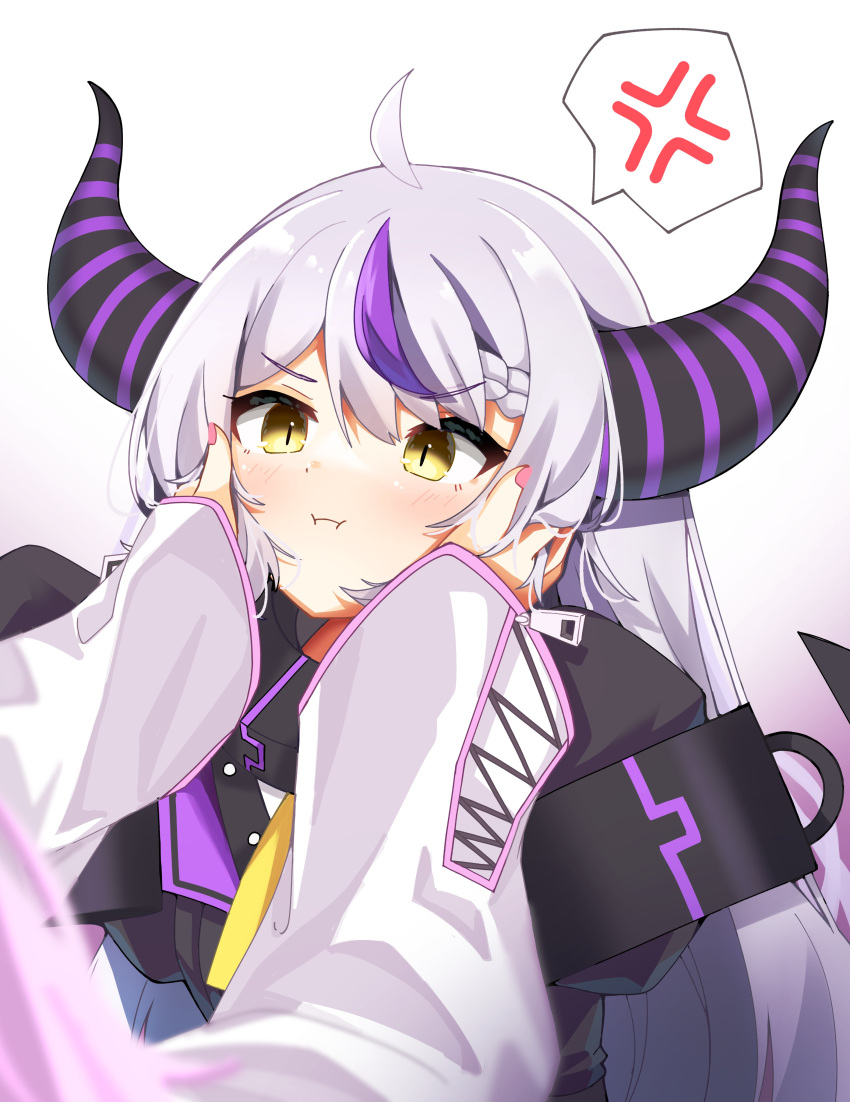 100ton250 2girls absurdres ahoge anger_vein black_coat blush braid coat collar cuffs demon_girl demon_horns gradient_background grey_hair hakui_koyori hakui_koyori_(1st_costume) hands_on_another's_cheeks hands_on_another's_face highres hololive horns la+_darknesss la+_darknesss_(1st_costume) long_hair metal_collar multicolored_hair multiple_girls necktie pink_hair pink_nails pout purple_hair sleeve_cuffs sleeves_past_fingers sleeves_past_wrists slit_pupils speech_bubble spoken_anger_vein streaked_hair striped_horns two-tone_hair very_long_hair virtual_youtuber white_background white_coat yellow_eyes yellow_necktie zipper_pull_tab