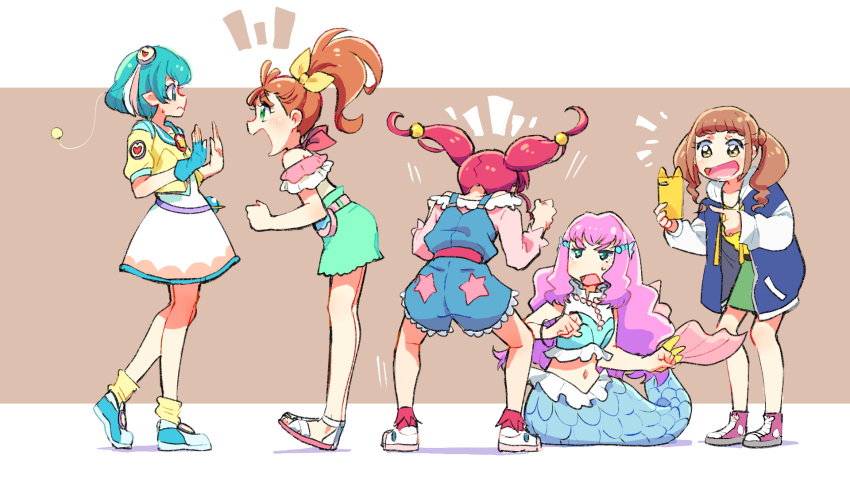 5girls :d antennae aqua_eyes aqua_footwear aqua_hair aqua_sailor_collar aqua_shirt aqua_shorts azuma_yukihiko belt blouse blue_jacket blue_overalls blush bow brown_background brown_belt brown_eyes brown_hair cellphone closed_mouth commentary_request crop_top dress excited fins fist_pump floating_hair frilled_shirt frills from_behind from_side frown green_eyes green_skirt hagoromo_lala hair_bobbles hair_ornament hair_strand hairbow halterneck hands_up head_fins healin'_good_precure heart heart_hair_ornament high_ponytail highres hiramitsu_hinata holding holding_phone hood hooded_jacket hoshina_hikaru jacket laura_la_mer laura_la_mer_(mermaid) leaning_forward leg_warmers letterboxed long_hair long_sleeves looking_at_another mermaid midriff monster_girl motion_lines multicolored_clothes multicolored_hair multicolored_jacket multicolored_shirt multiple_girls natsuumi_manatsu navel off_shoulder open_clothes open_jacket open_mouth orange_hair outside_border overalls pearl_hair_ornament phone pink_belt pink_footwear pink_hair pink_legwear pink_shirt pointing pointy_ears pouch precure sailor_collar sandals scales shadow shirt shoes short_hair shorts shouting side_ponytail simple_background skirt sleeveless sleeveless_shirt smartphone smile sneakers socks square_mouth squatting star_(symbol) star_print star_twinkle_precure stomach streaked_hair sweatdrop thick_eyebrows tropical-rouge!_precure twintails wavy_hair white_dress white_footwear white_hair white_jacket white_shirt white_sleeves yellow_bow yellow_jacket yellow_shirt