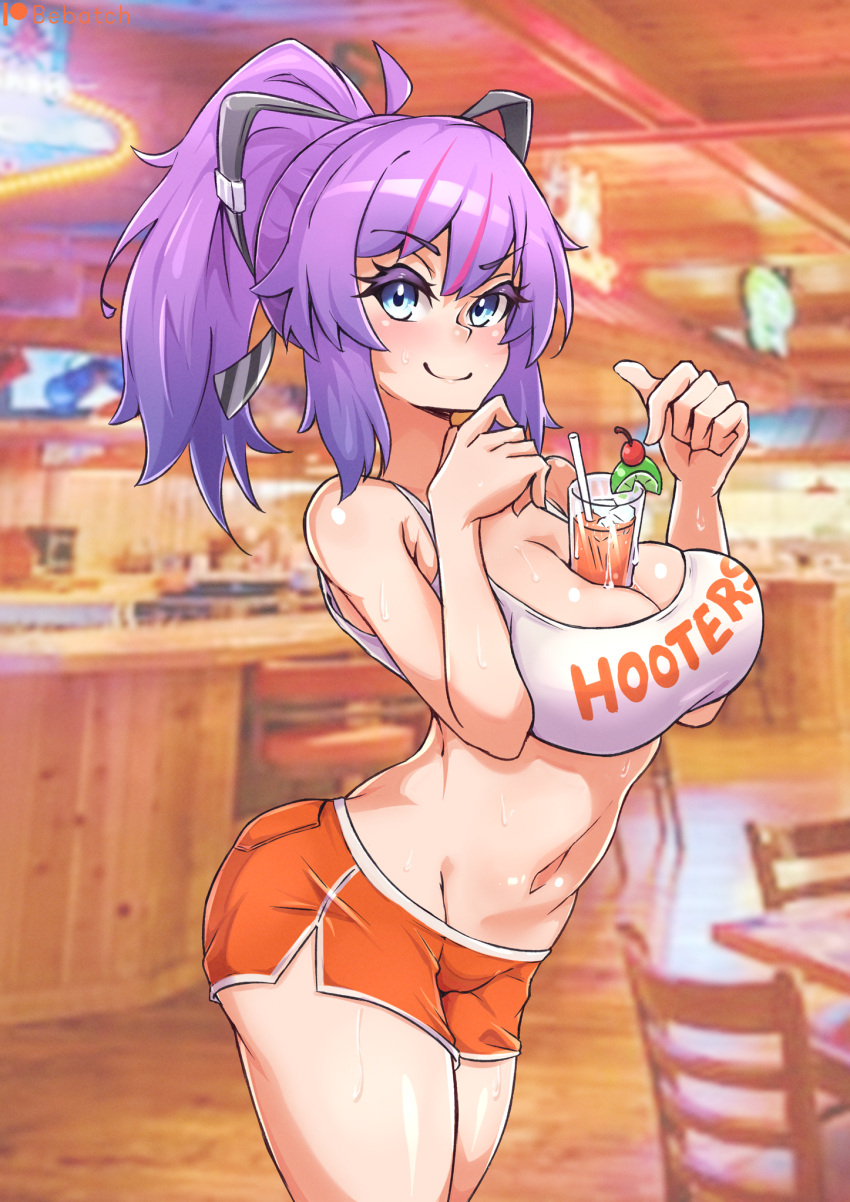 alcohol bare_shoulders bebatch between_breasts blue_eyes breasts cleavage clothes_writing crop_top drink drinking_straw female highres hooters ice indoors large_breasts looking_at_viewer melody_(projektmelody) multicolored_hair navel no_legwear object_on_breast orange_shorts ponytail purple_hair shirt short_shorts shorts smile streaked_hair virtual_youtuber vshojo white_shirt