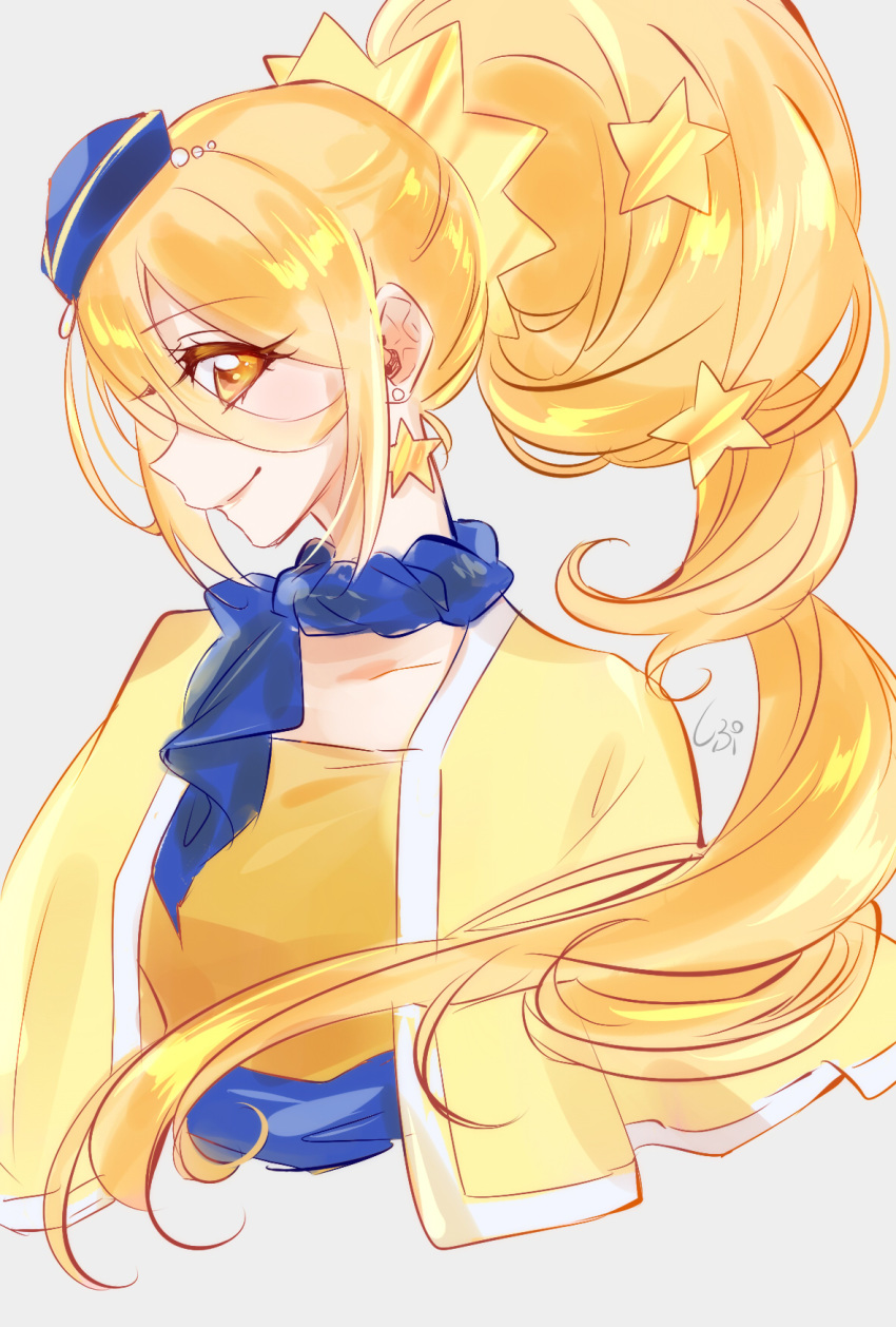 blonde_hair blue_hat capelet collarbone cropped_torso cure_etoile dress earrings female floating_hair grey_background hair_between_eyes hair_ornament hat high_ponytail highres hugtto!_precure jewelry kagayaki_homare long_hair mini_hat orange_dress precure shipu_(gassyumaron) solo star_(symbol) star_earrings star_hair_ornament upper_body very_long_hair yellow_capelet yellow_eyes