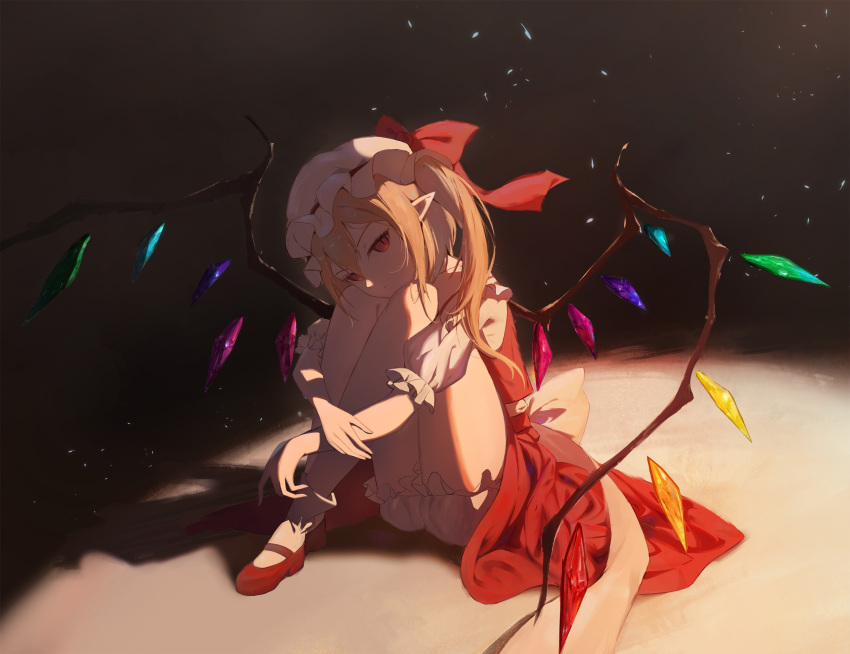 absurdres back_bow blonde_hair bloomers bow closed_mouth commentary crystal female flandre_scarlet full_body gu0st hat hat_ribbon highres hugging_own_legs light_particles long_hair looking_at_viewer mary_janes mob_cap one_side_up pointy_ears puffy_short_sleeves puffy_sleeves red_eyes red_footwear red_ribbon red_skirt red_vest ribbon shirt shoes short_sleeves sitting skirt socks solo touhou underwear vest white_hat white_shirt white_socks wings