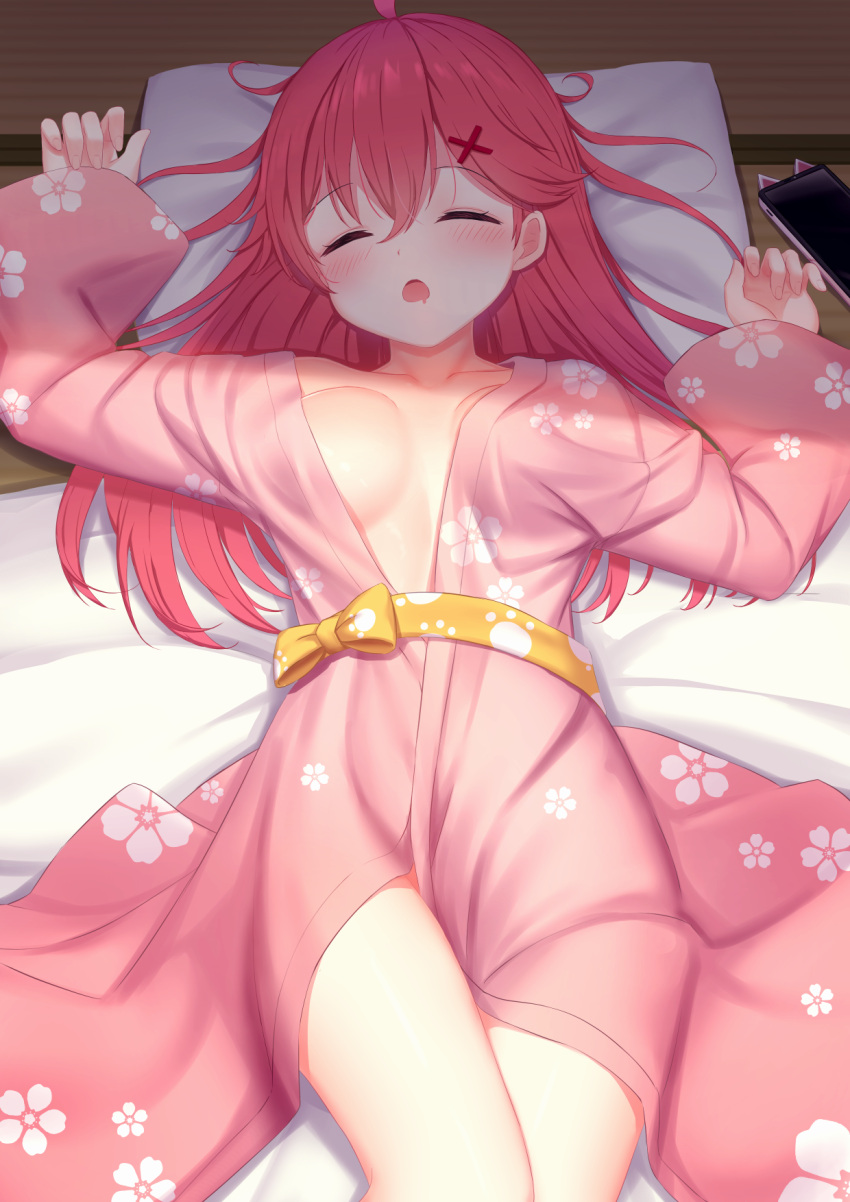 ahoge alternate_costume blush breasts cellphone cleavage closed_eyes female floral_print futon hair_between_eyes hair_ornament hairclip highres hololive japanese_clothes kimono large_breasts long_hair looking_at_viewer lying on_back open_mouth phone pillow pink_hair pink_kimono sakura_miko sleeping smartphone solo tatami variant_set virtual_youtuber white_clover_(unfy8472) wide_sleeves x_hair_ornament yukata