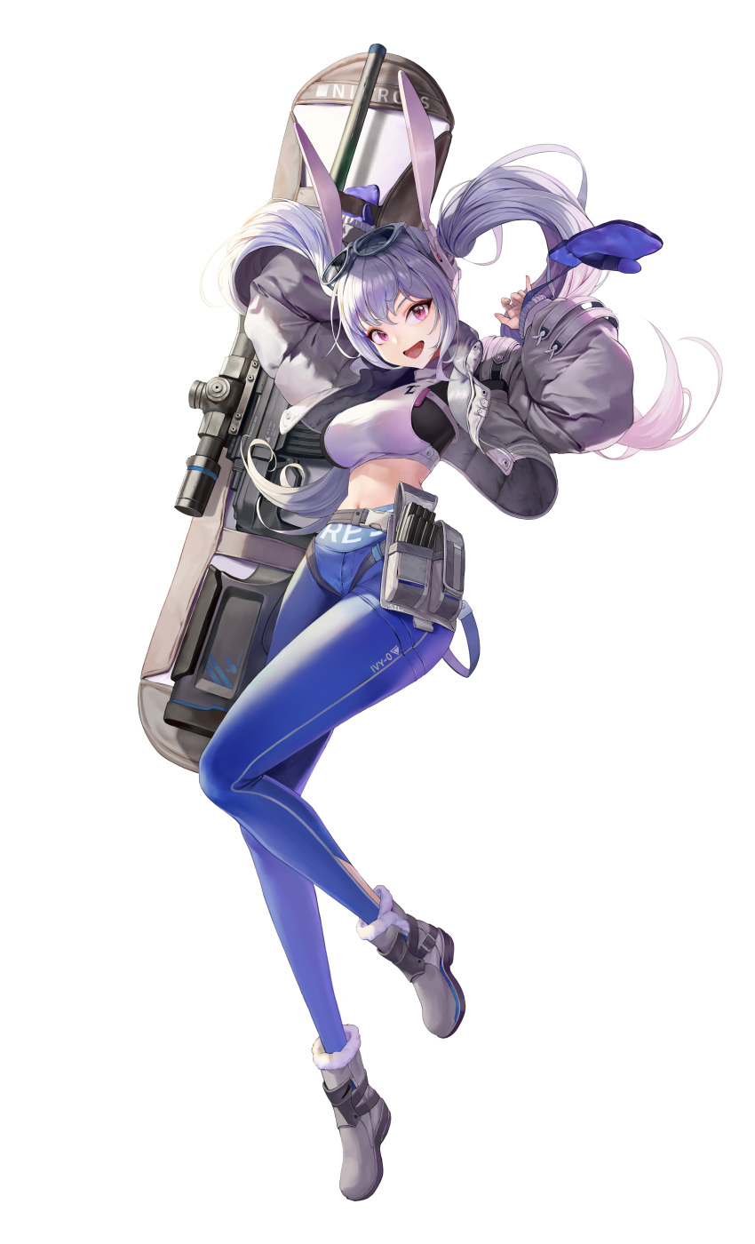 :d absurdres animal_ears arms_up belt blue_pants boots breasts coat crop_top cropped_jacket eyewear_on_head fake_animal_ears female full_body fur-trimmed_boots fur_trim grey_footwear grey_jacket gun gun_case highres jacket long_hair long_sleeves looking_at_viewer magazine_(weapon) medium_breasts midriff mittens navel neon.c open_clothes open_jacket open_mouth original pants puffy_sleeves purple_eyes purple_hair purple_mittens rabbit_ears rifle scope simple_background smile sniper_rifle solo sunglasses tight tight_pants twintails utility_belt weapon white_background